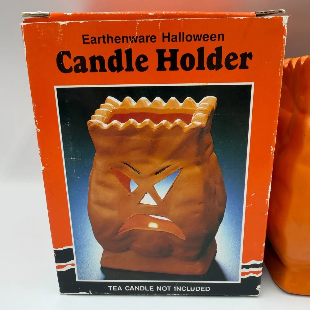 Vintage 1993 Four Star Earthenware Halloween Candle Holder Orange Jack O Lantern